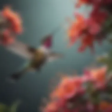 A hummingbird feeding on nectar from a colorful blossom