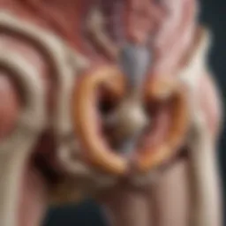 Anatomical illustration of the hip joint highlighting cam lesions