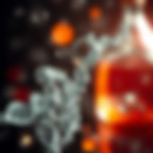 An abstract representation of alcohol molecules interacting with DNA strands.