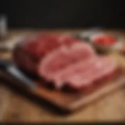 A selection of red meat cuts displayed on a wooden board