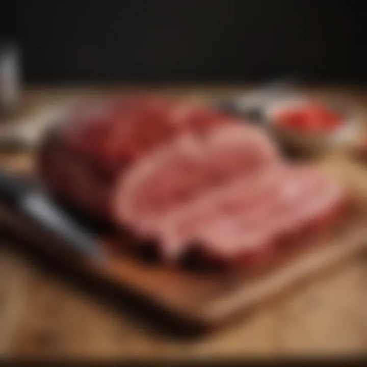 A selection of red meat cuts displayed on a wooden board