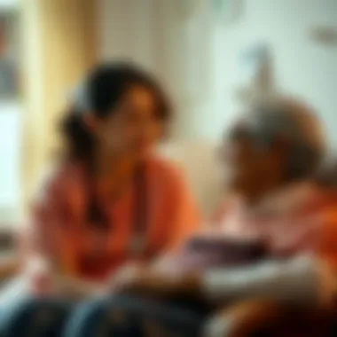 A thoughtful caregiver interacting with a stroke patient in a warm environment.