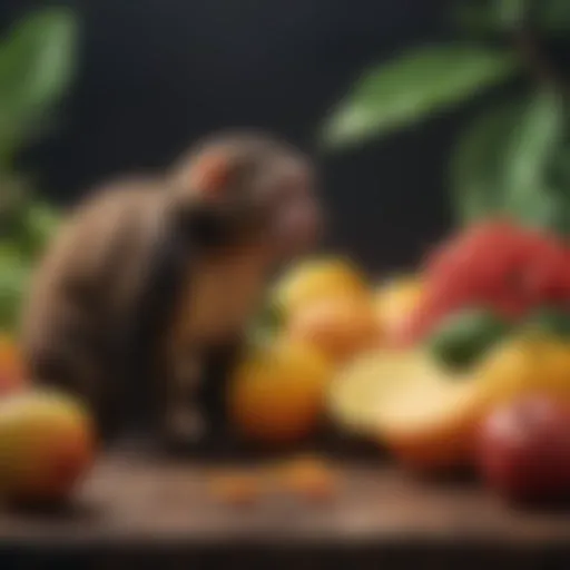 A marmoset monkey examining a colorful fruit in its natural habitat
