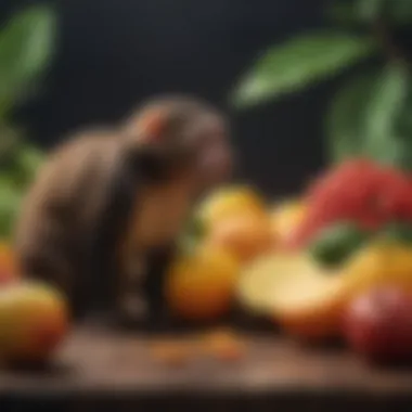 Fruit Selection by Marmoset Monkeys A marmoset monkey examining a colorful fruit in its natural habitat