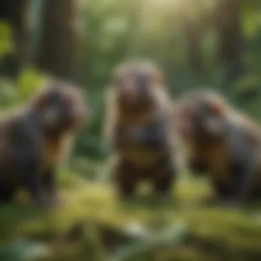 Social Feeding Dynamics of Marmosets A group of marmoset monkeys interacting in a lush green environment