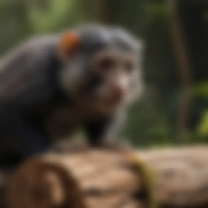 Close-up of a marmoset monkey foraging for insects on a tree bark