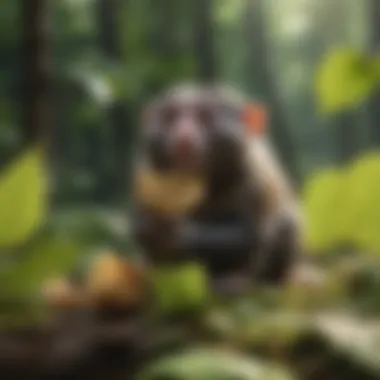 Leaf Consumption Among Marmoset Monkeys A marmoset monkey feeding on leaves in a dense forest