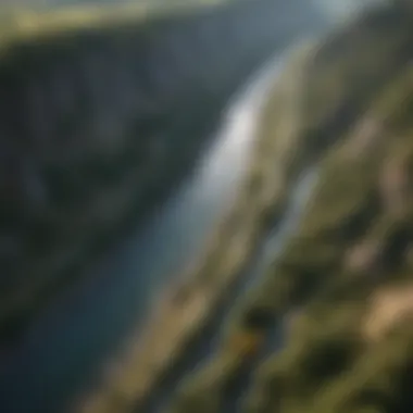 An aerial view of a river valley illustrating geographical formations.