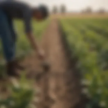 Examining Crops with Zero Phosphorus Practices A farmer examining crops in a field implementing zero phosphorus fertilizer methods