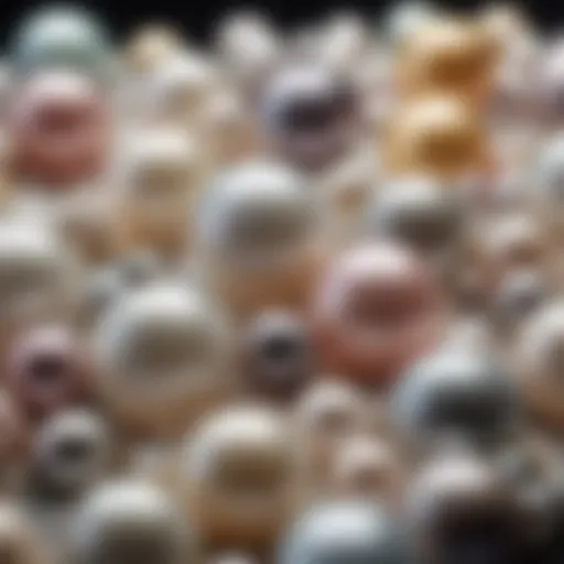 A close-up view of a range of natural pearls showcasing their varied colors.