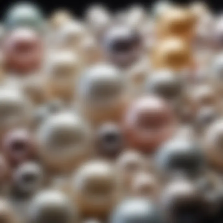 A close-up view of a range of natural pearls showcasing their varied colors.