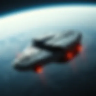 A futuristic spacecraft designed for interstellar travel orbiting a distant planet.