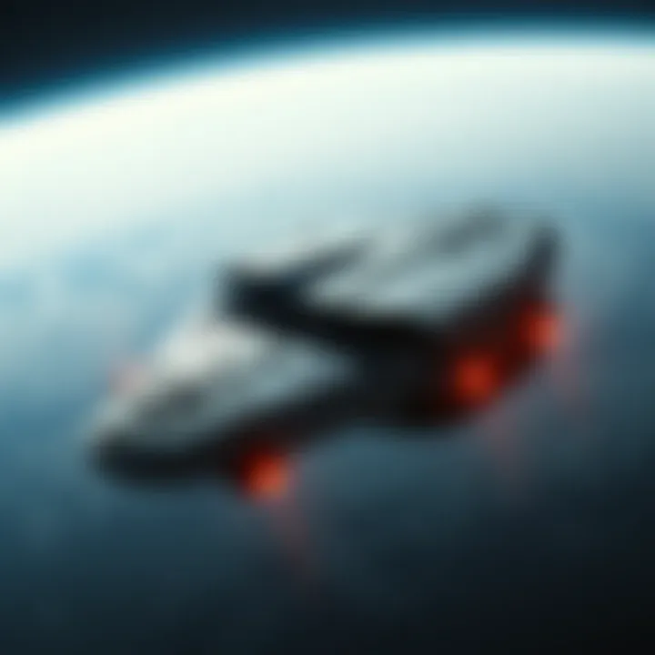 A futuristic spacecraft designed for interstellar travel orbiting a distant planet.