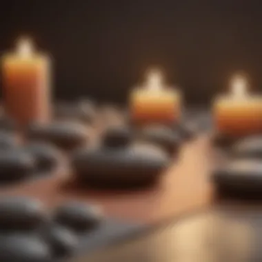 Close-up of yoga mat with calming elements like stones and candles