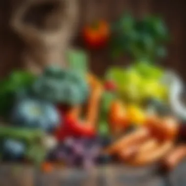 A vibrant assortment of plant-based foods displayed on a wooden table