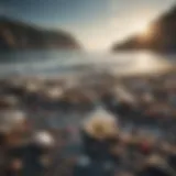 An expansive view of a coastline littered with plastic waste