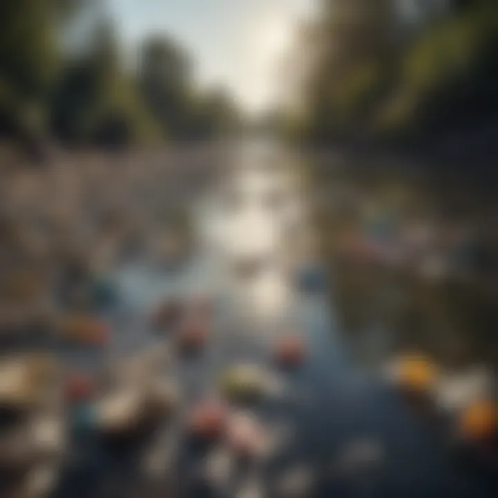 A polluted river with plastic debris floating on the surface