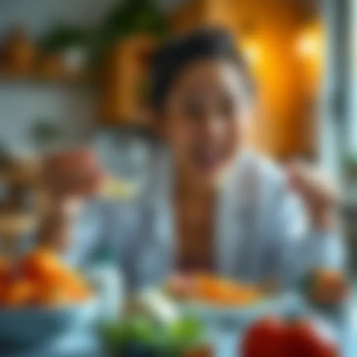 Illustration of a person enjoying a healthy meal featuring fermented foods, with a focus on wellness