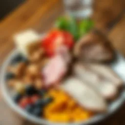 A balanced plate showcasing high protein sources such as legumes, nuts, and lean meats