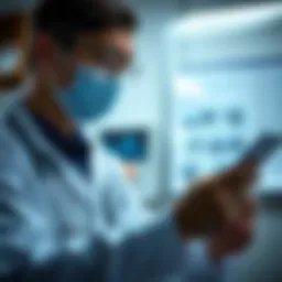 A close-up of a healthcare professional examining health records in a clinic.