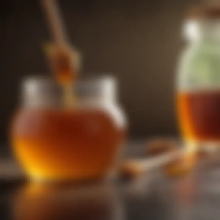 A jar of pure honey with a honey dipper resting beside it