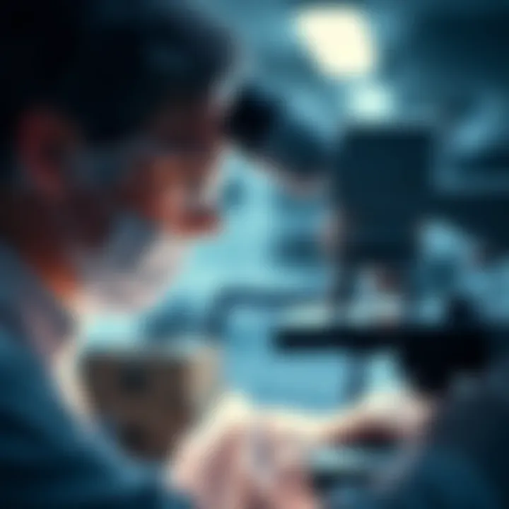 Scientific researcher analyzing mice antibodies under a microscope