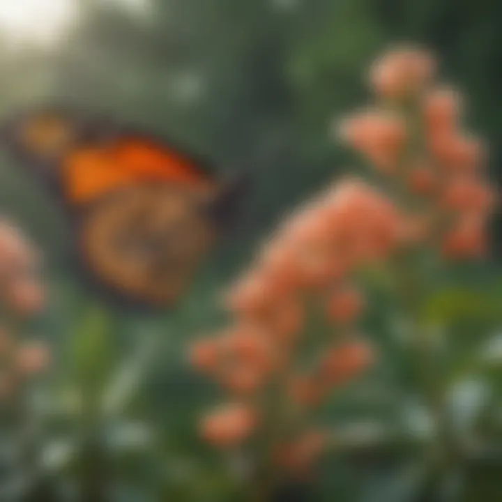 Monarch butterflies interacting with milkweed flowers