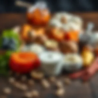 A vibrant assortment of probiotic-rich foods including yogurt, kimchi, and sauerkraut on a wooden table