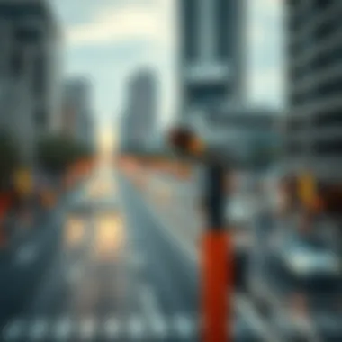 Active Road Monitoring Systems in Urban Areas An illustration depicting active road monitoring systems in urban settings