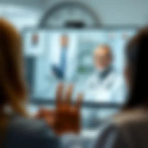 Virtual consultation interface showing a doctor and patient connected through telemedicine technology