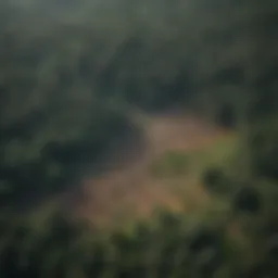 An aerial view of a lush forest fragmented by deforestation
