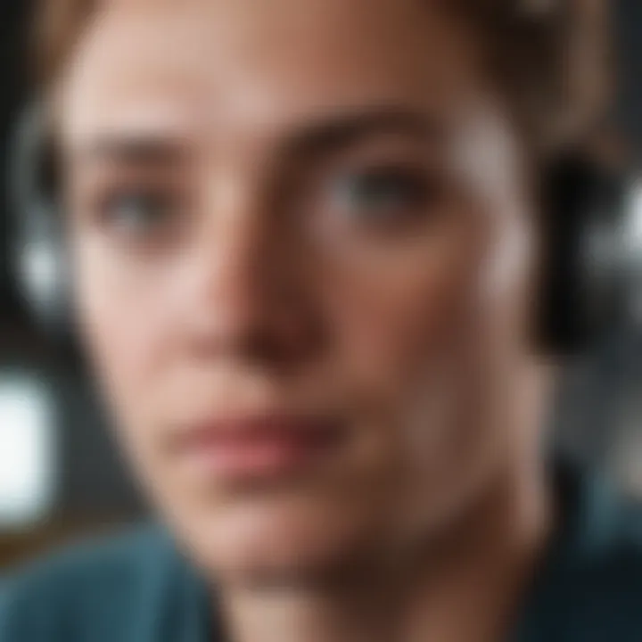 A close-up of a student engaged in a virtual class with focused expression.