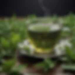 A steaming cup of green tea surrounded by fresh leaves.