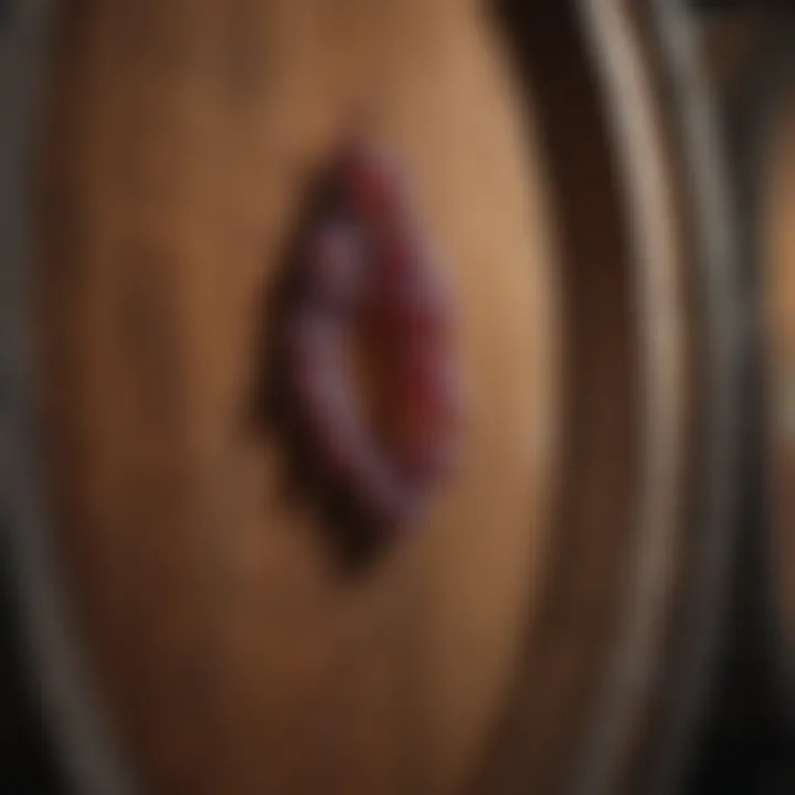 Close-up of grape fermentation in a traditional oak barrel