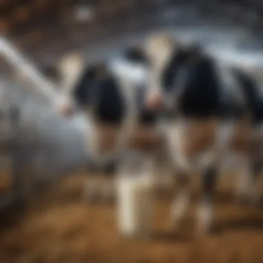 A dairy farm showcasing modern milking technology and healthy cows in the barn.