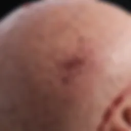 Close-up of scalp showing basal cell carcinoma lesion