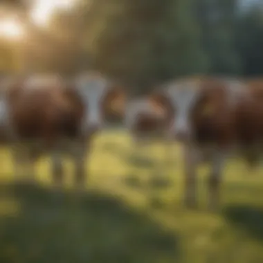 Low Methane Cows in a Sustainable Pasture A serene pasture with low methane cows grazing peacefully