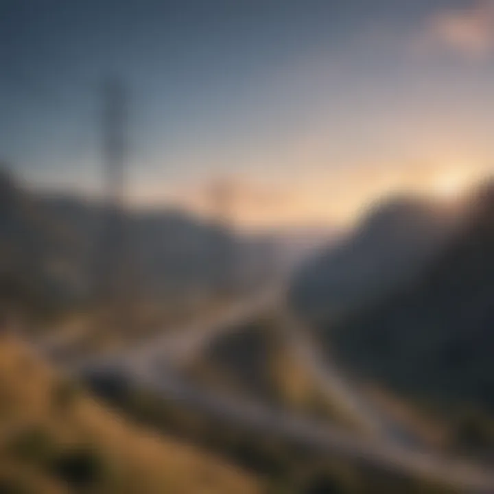 High-voltage power lines stretching across a mountainous landscape