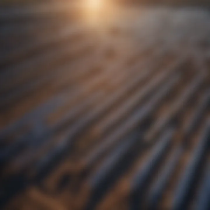 Aerial view of a large solar farm with panels reflecting sunlight