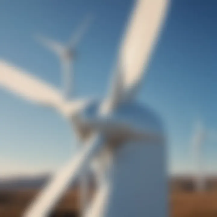 A modern wind turbine set against a clear blue sky