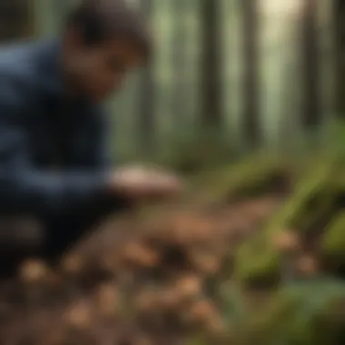 A person examining a variety of mushrooms