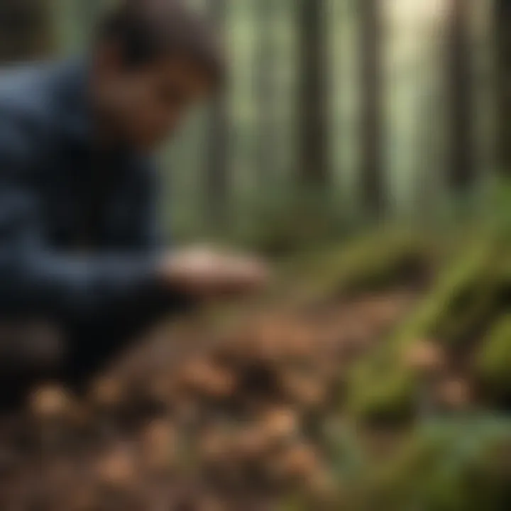 A person examining a variety of mushrooms