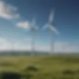Wind turbines on a green landscape under a clear blue sky