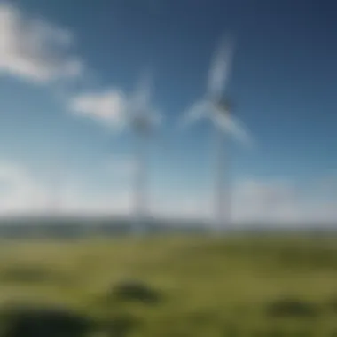 Wind turbines on a green landscape under a clear blue sky